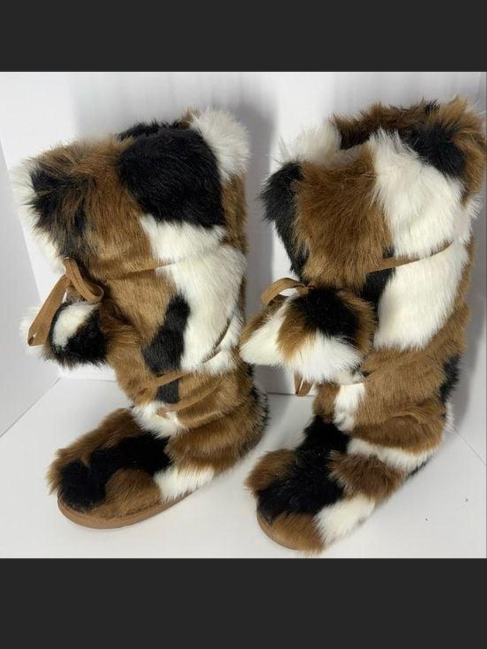 Faux Fur Patchwork Winter Boots - Brown/Black/White